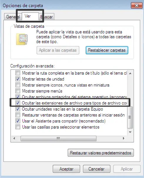 mostrar las extensiones de archivos y las carpetas ocultas paso 2