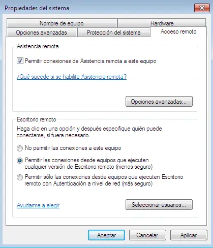 utilizar el escritorio remoto en Windows 7