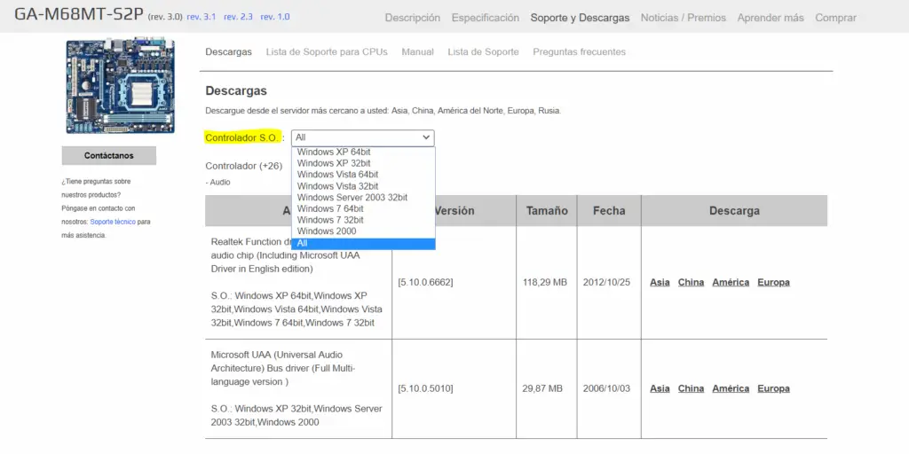 Instalación o actualización de Drivers para Windows