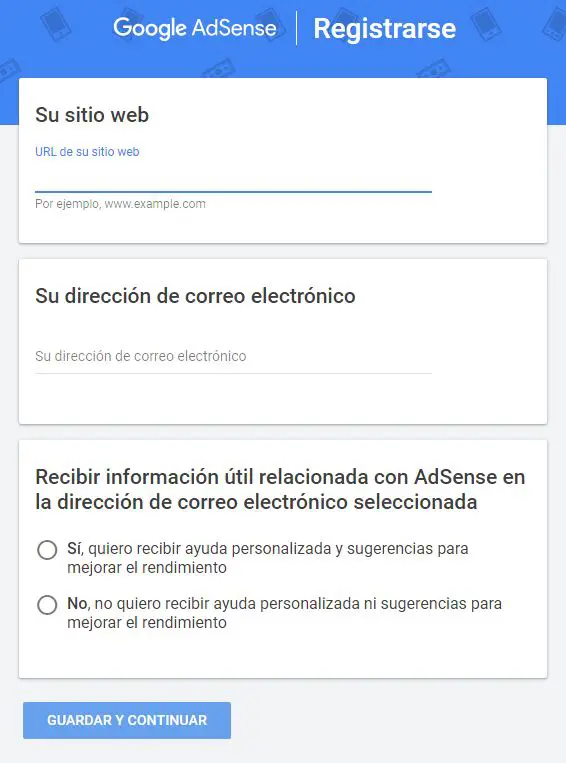 registrarse en ADSENSE formulario de registro