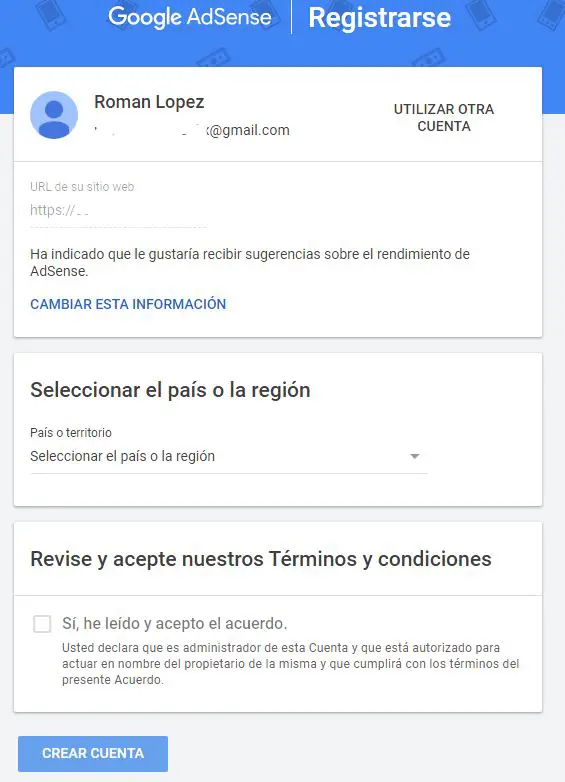 registrarse en ADSENSE formulario de registro 2