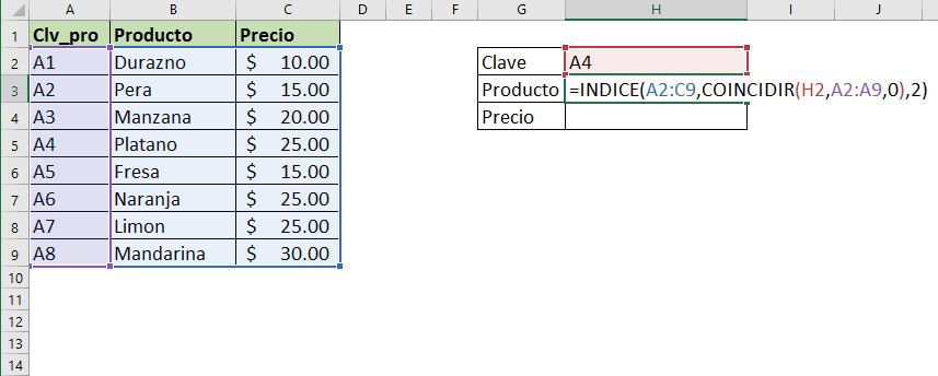 Función INDICE + COINCIDIR