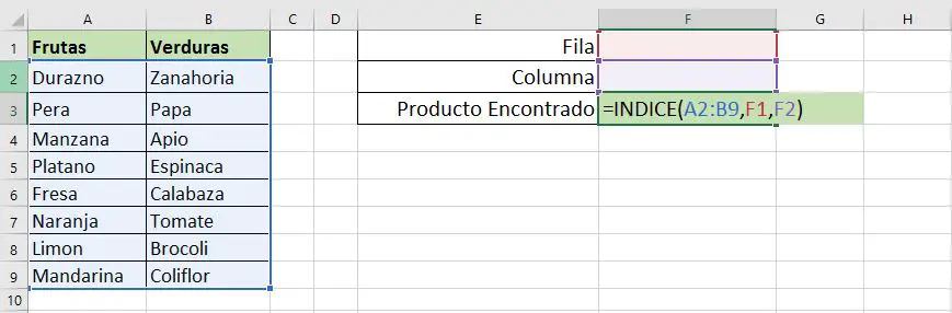 Función INDICE EJEMPLO 1