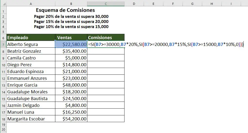 Función SI anidada en Excel