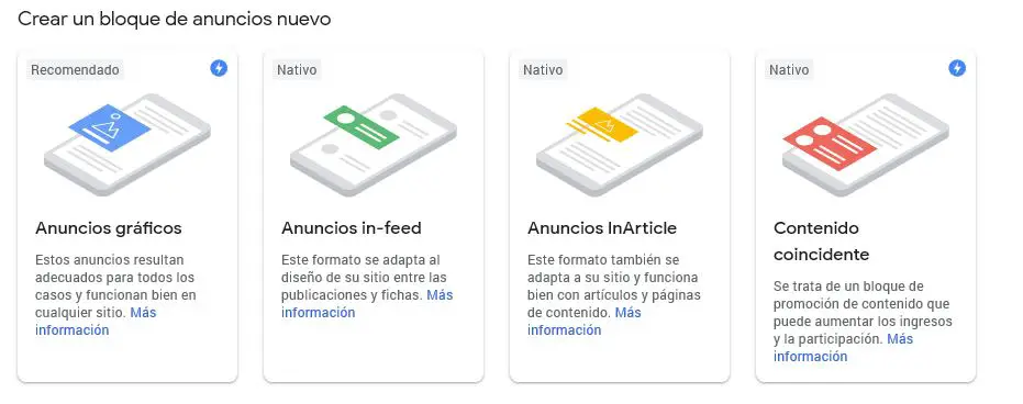 Crear un bloque de anuncios de adsense tipos