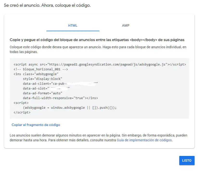 Crear un bloque de anuncios de adsense