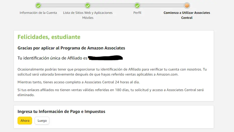 Guía de Inicio para afiliados de Amazon registro finalizado